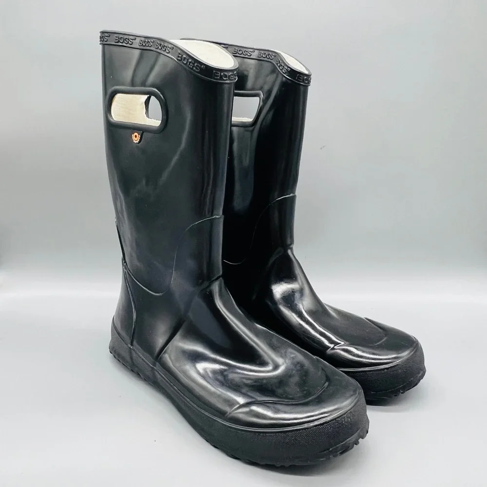 Bogs Boots Youth 6 Black Rubber Patent Waterproof Tall Pull On Handle Rain Shoes